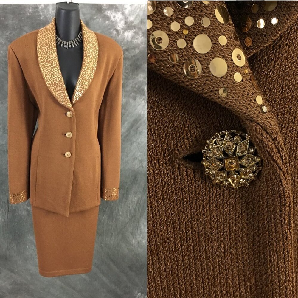 BEAUTUFUL st john evening knit brown embellished skirt suit 16